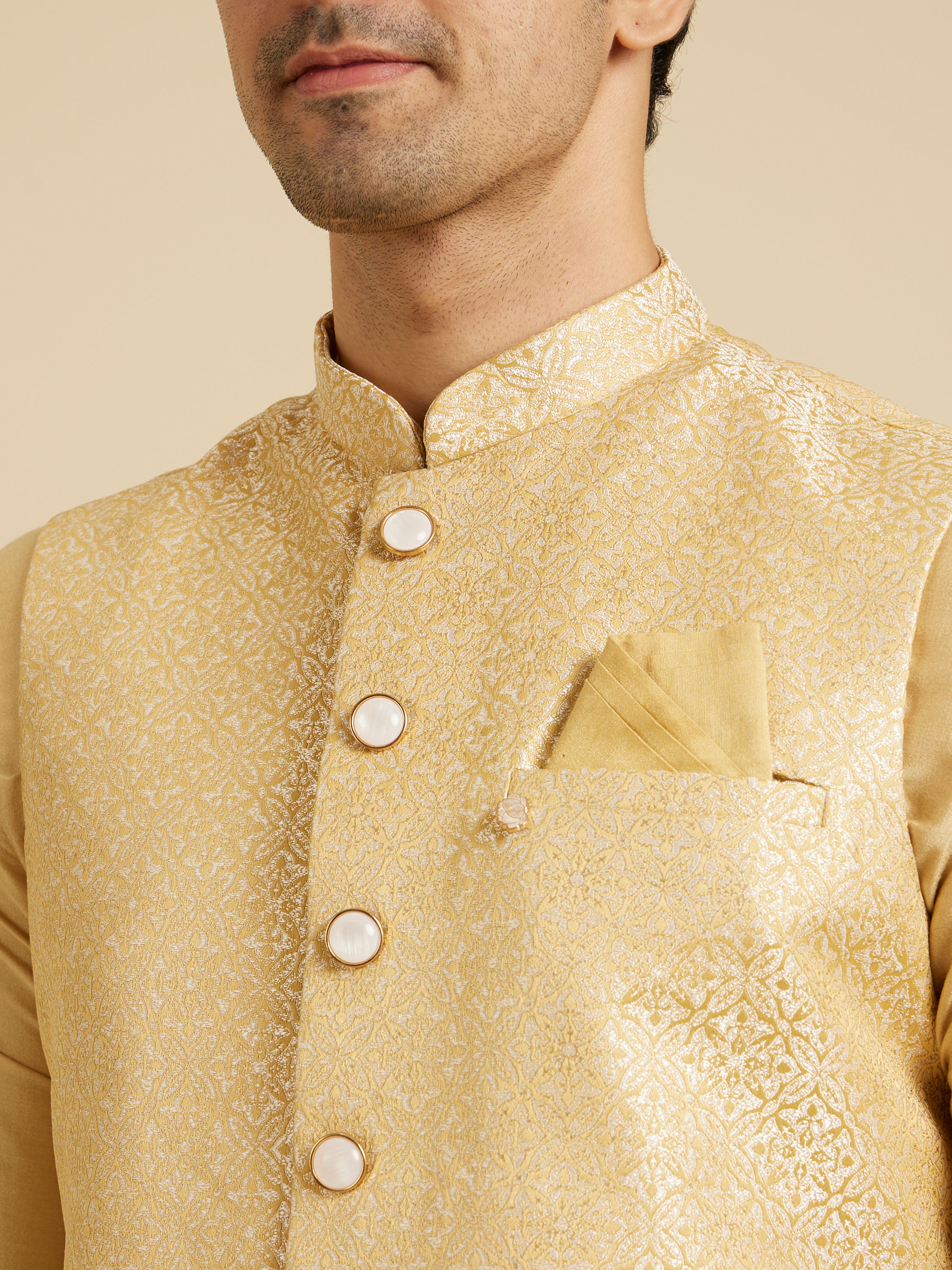 Manyavar Men Canary Yellow Jaal Patterned Jacket Set