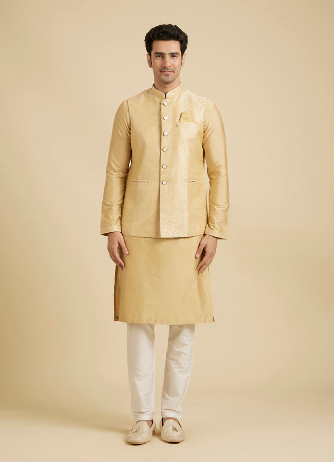 Manyavar Men Canary Yellow Jaal Patterned Jacket Set