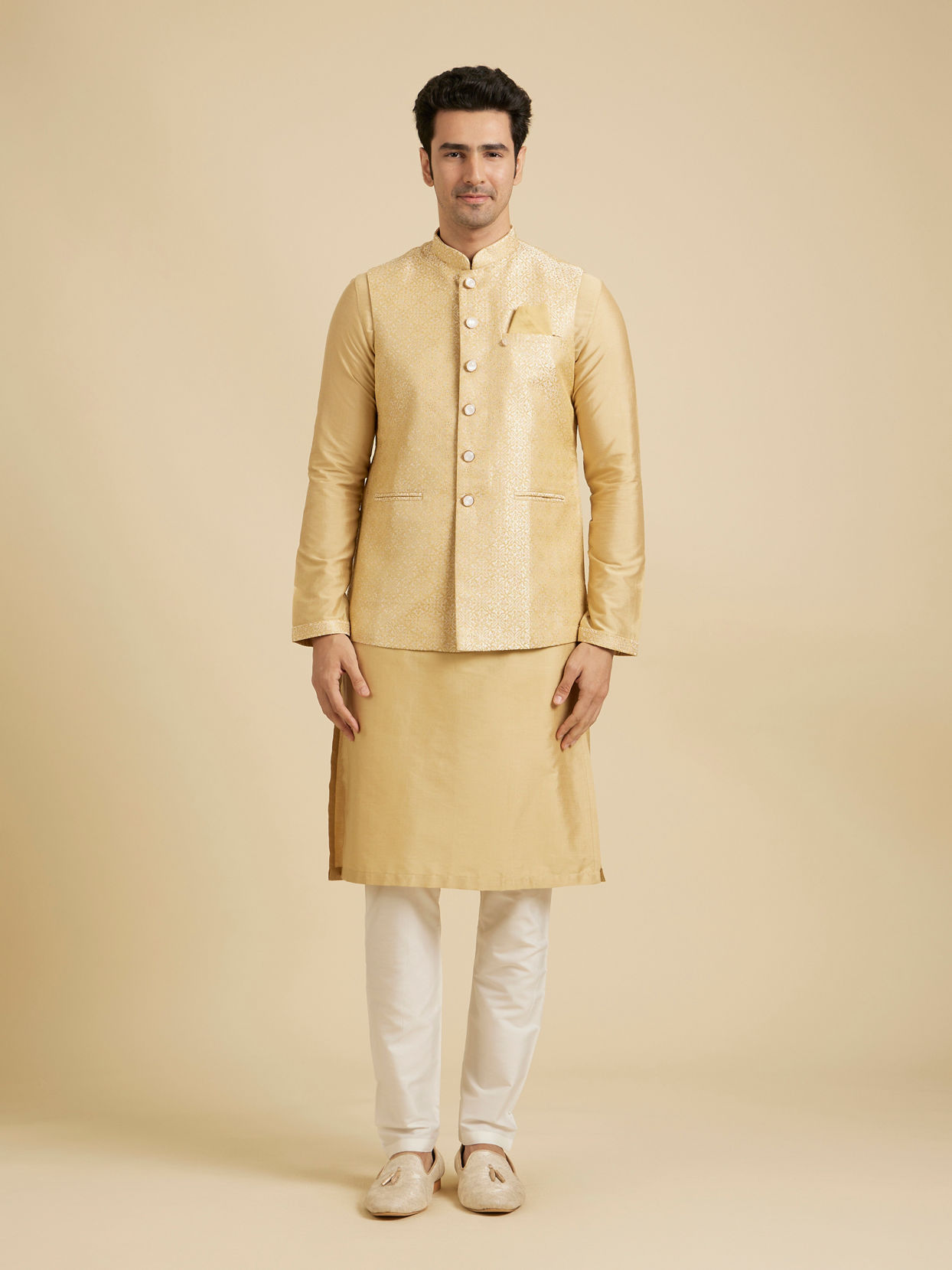 Manyavar Men Canary Yellow Jaal Patterned Jacket Set