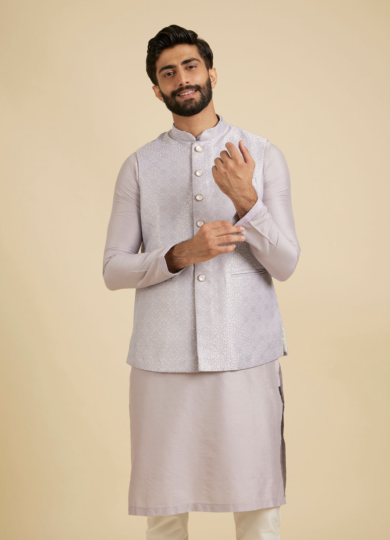 Manyavar Men Classic Lilac Jaal Patterned Jacket Set