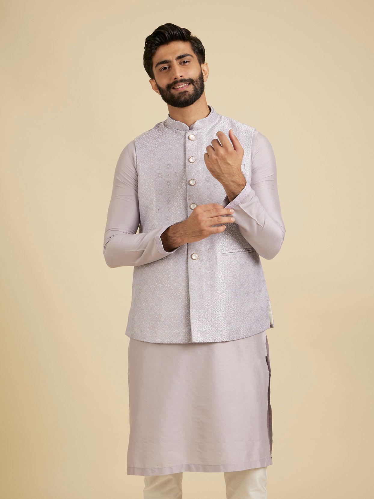 Lilac Rayon Kurta Jacket Set For Men With Resham And Gota Work main image 1