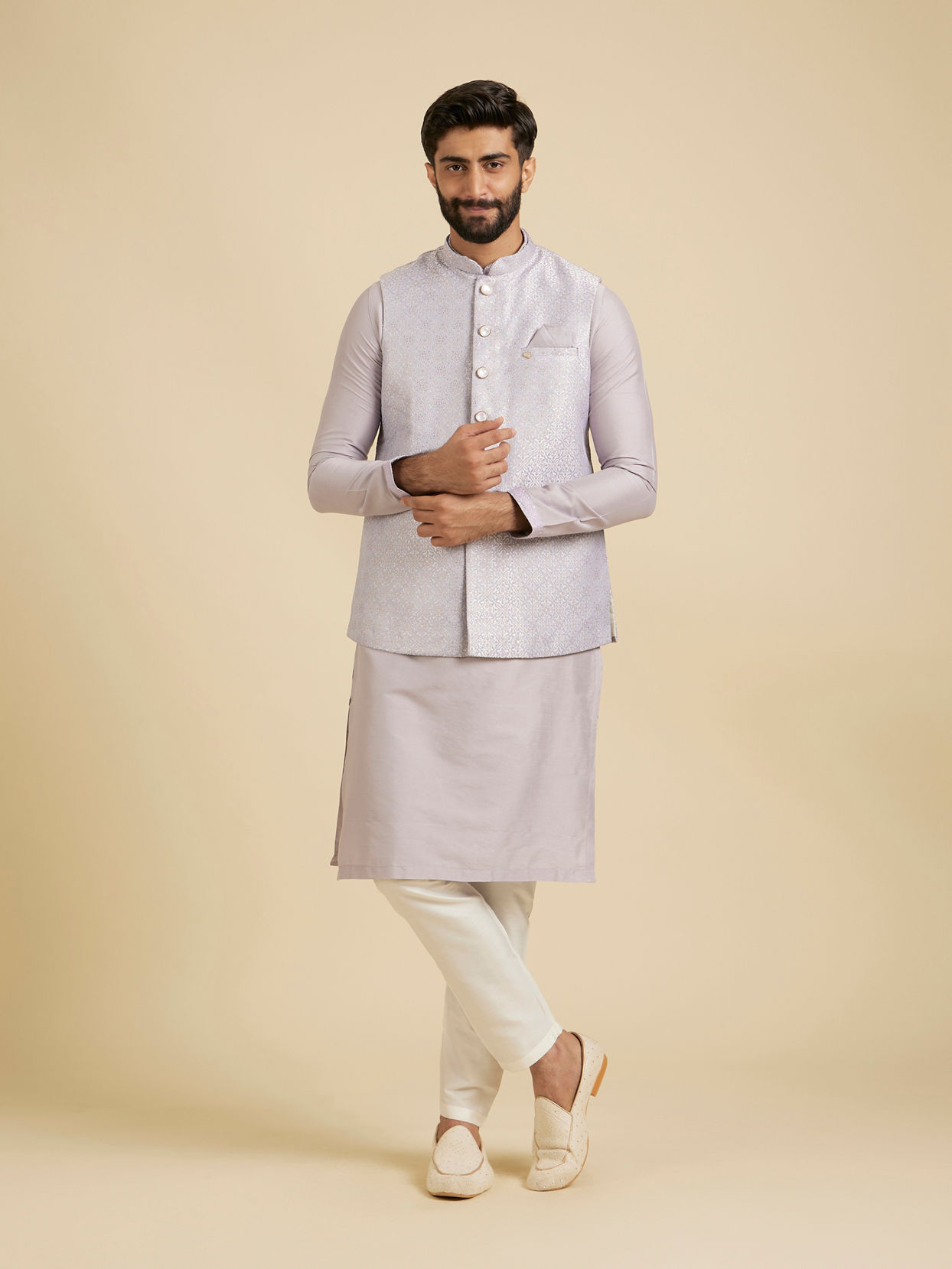 Manyavar Men Classic Lilac Jaal Patterned Jacket Set