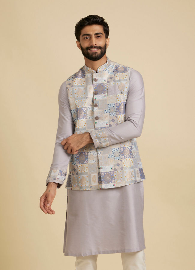 Manyavar Men Soft Lilac Medallion Printed Jacket Set