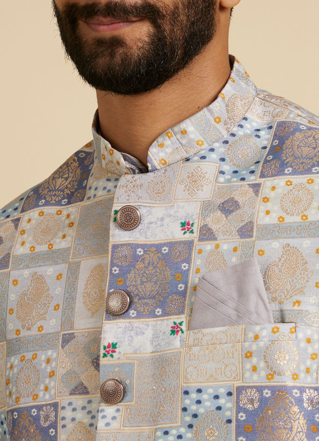 Manyavar Men Soft Lilac Medallion Printed Jacket Set