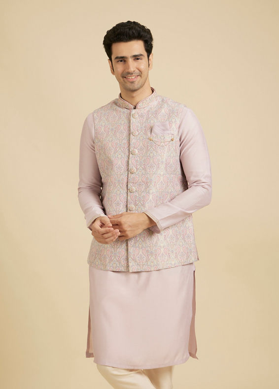 Manyavar Men Elegant Pink Brocade Kurta Jacket Set