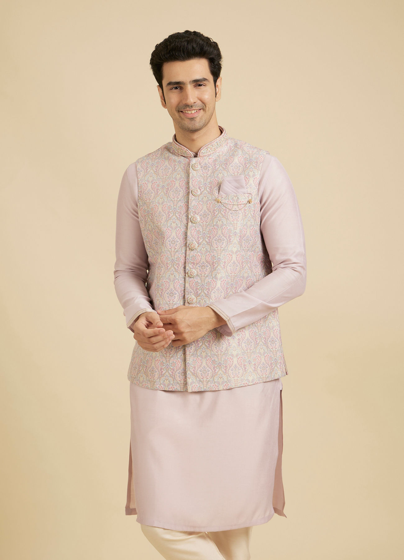 Manyavar Men Elegant Pink Brocade Kurta Jacket Set