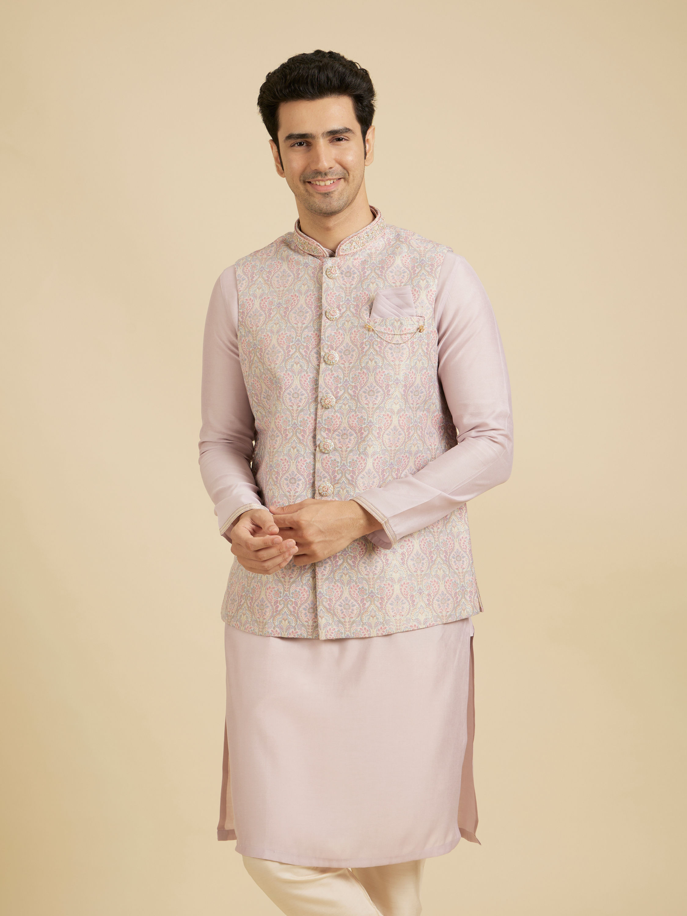 Manyavar Men Elegant Pink Brocade Kurta Jacket Set