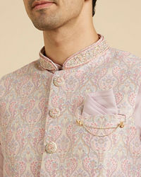 Manyavar Men Elegant Pink Brocade Kurta Jacket Set