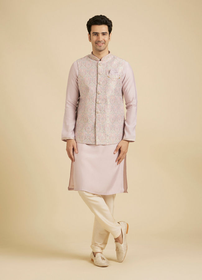 Manyavar Men Elegant Pink Brocade Kurta Jacket Set