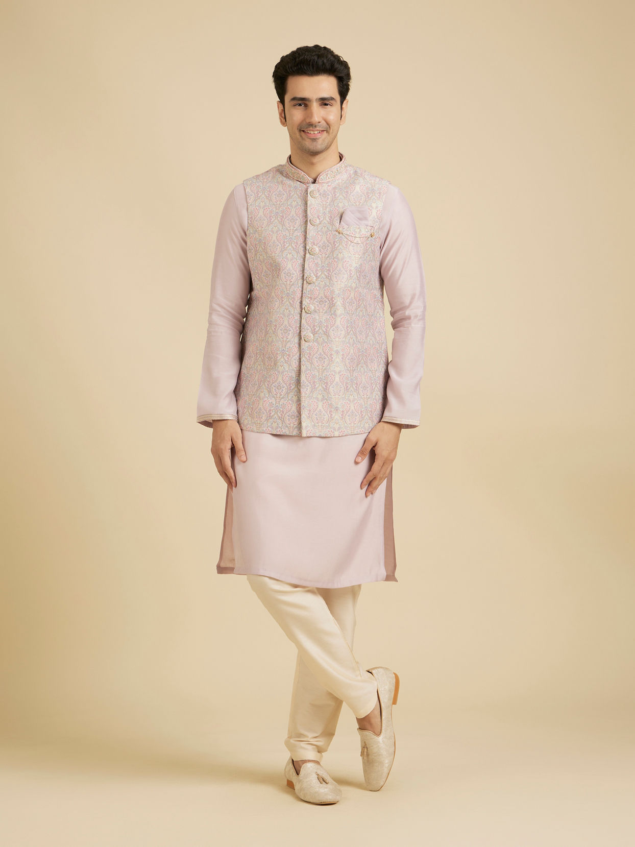 Manyavar Men Elegant Pink Brocade Kurta Jacket Set