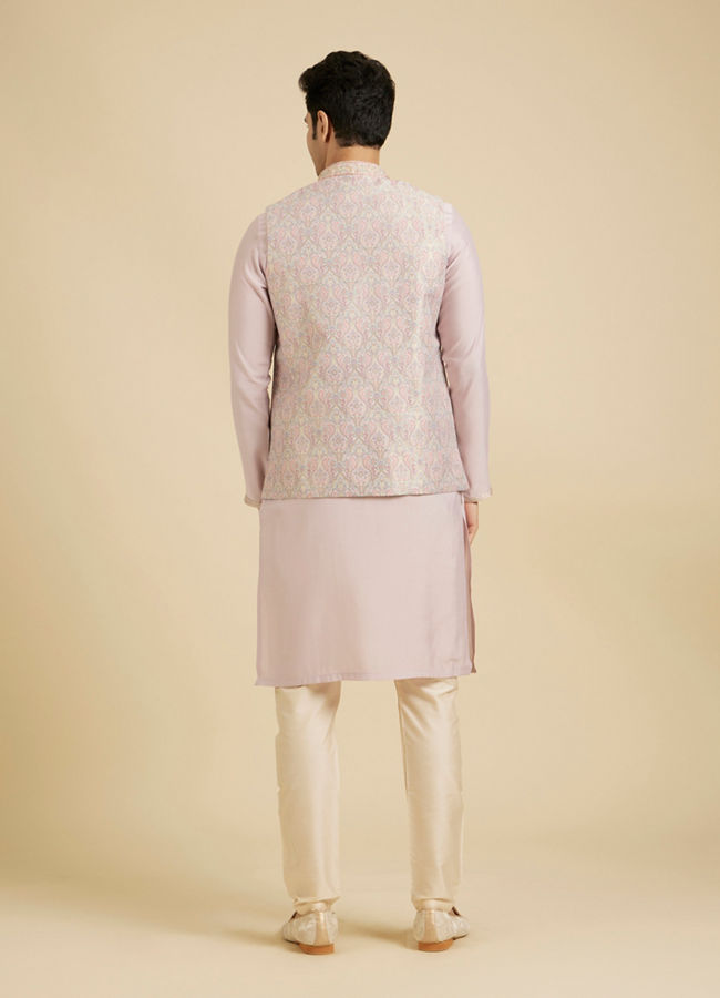 Manyavar Men Elegant Pink Brocade Kurta Jacket Set