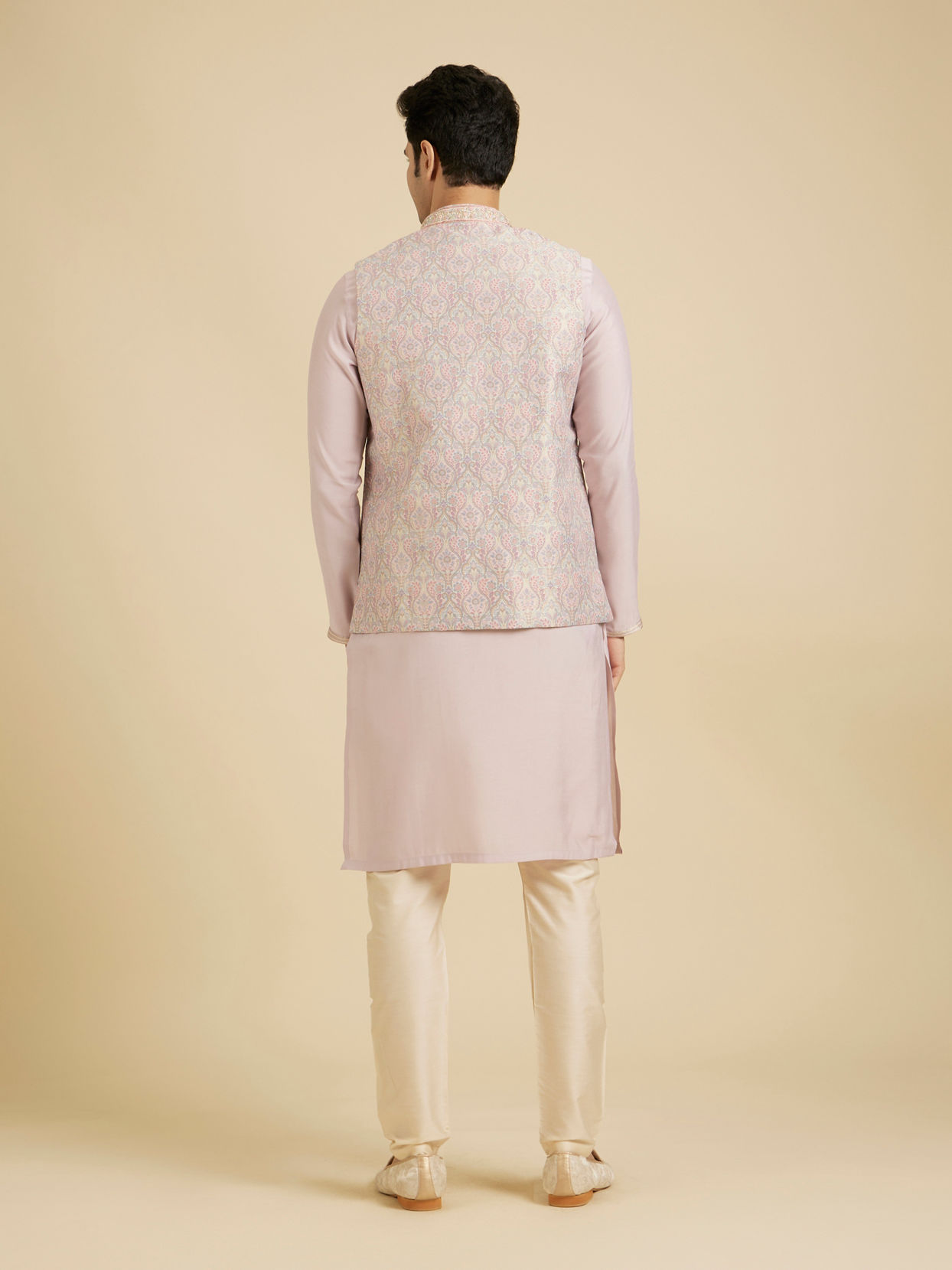 Manyavar Men Elegant Pink Brocade Kurta Jacket Set