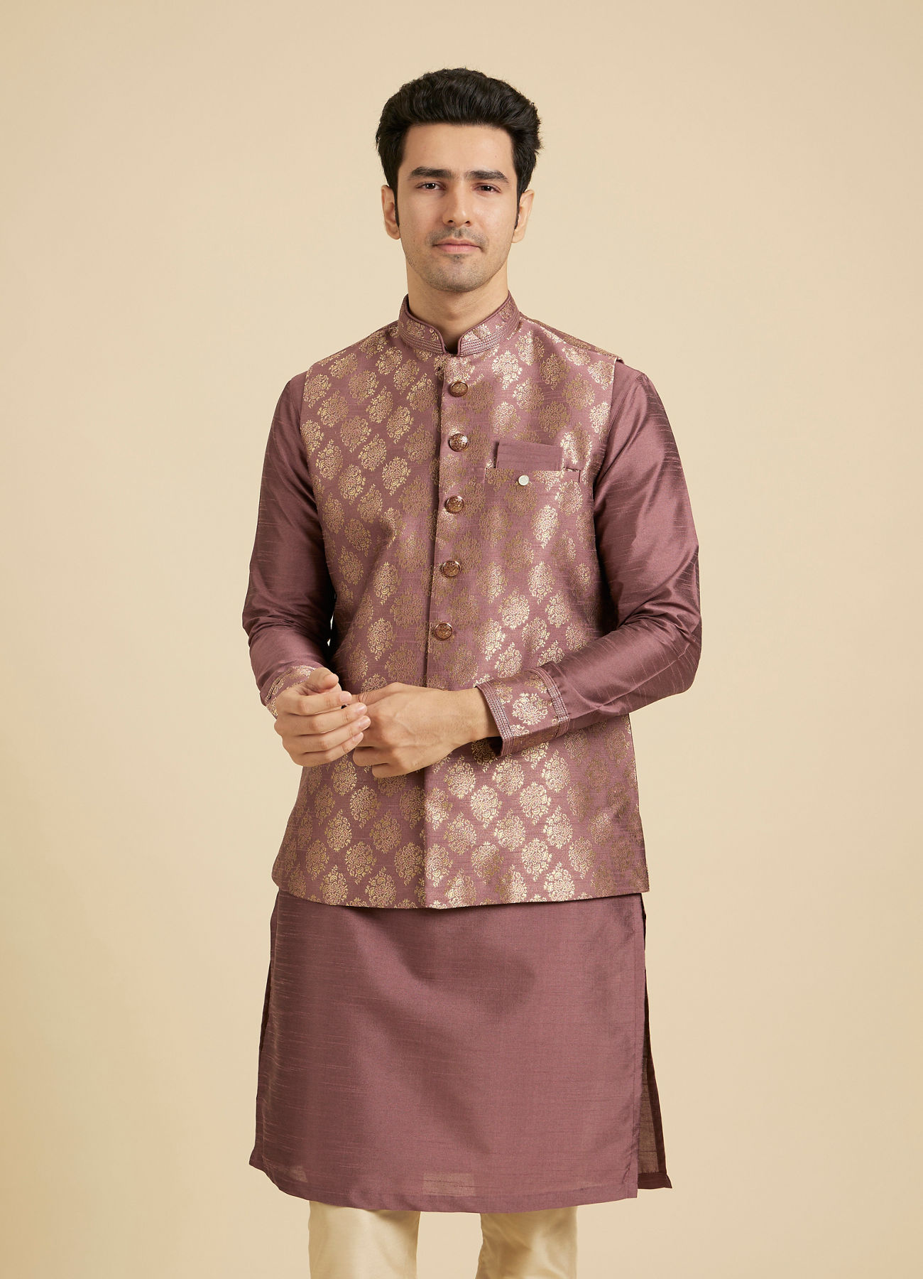 Manyavar Men Dark Purple Jaal Patterned Jacket Set