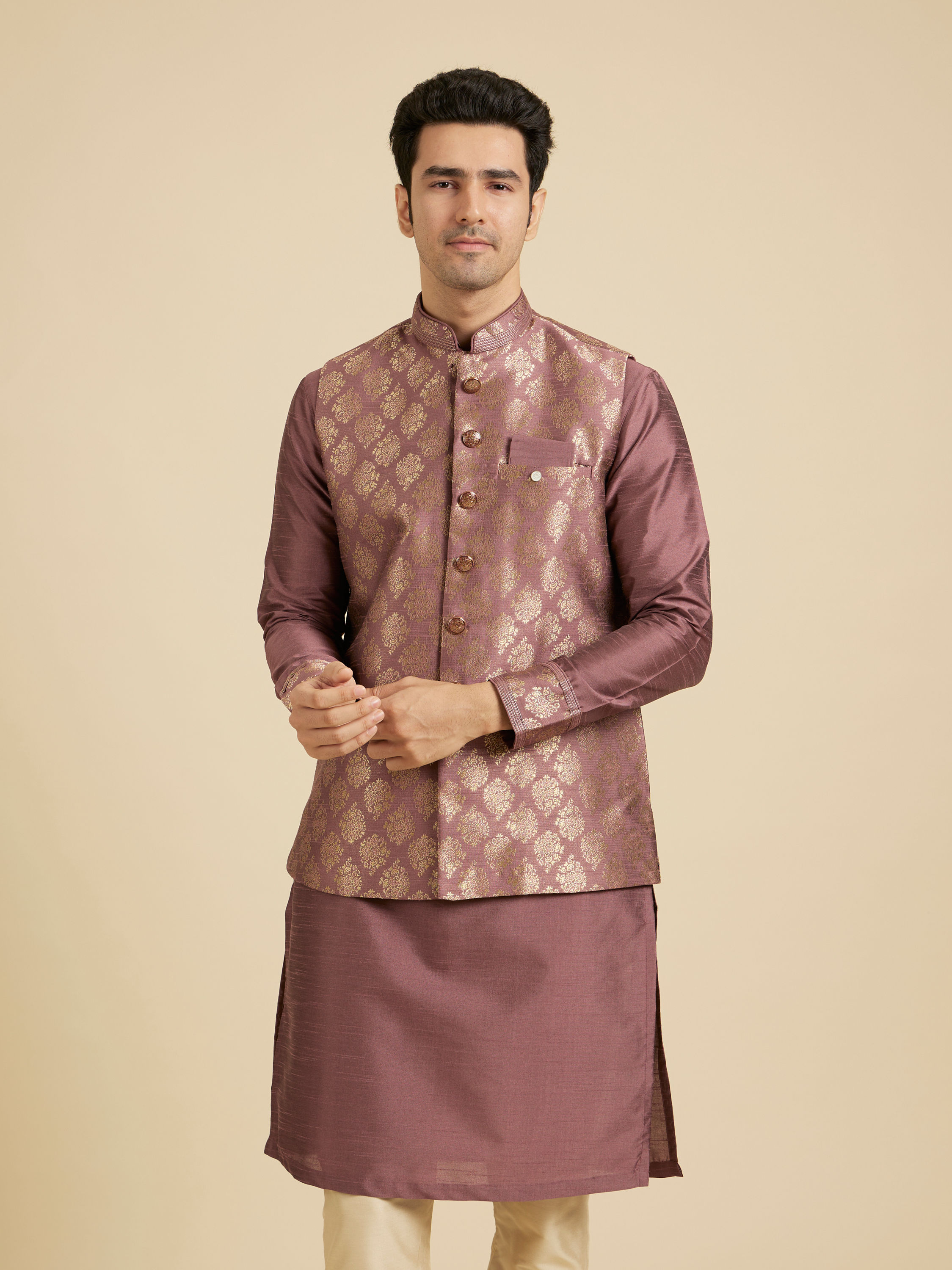 Manyavar Men Dark Purple Jaal Patterned Jacket Set