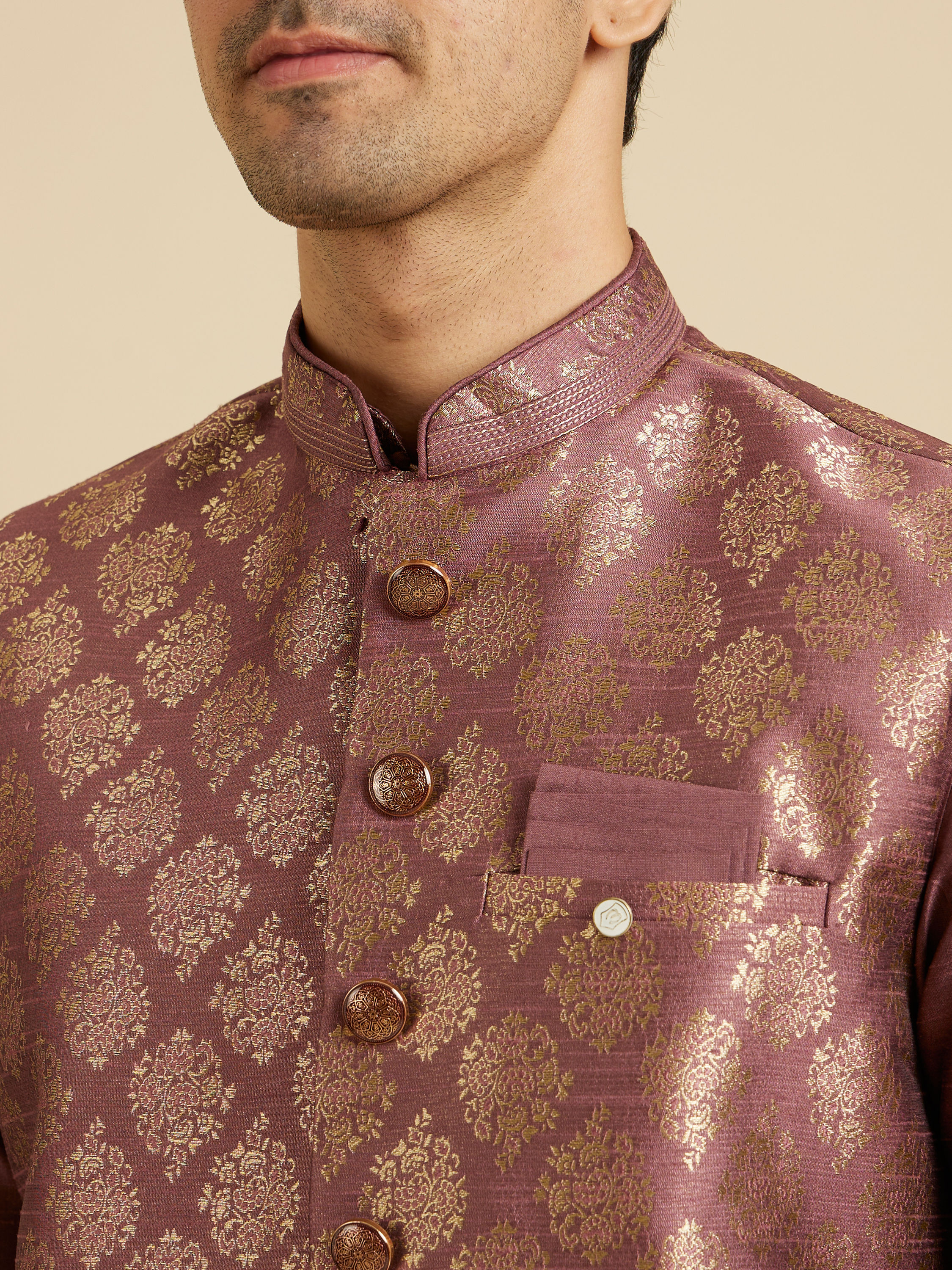 Manyavar Men Dark Purple Jaal Patterned Jacket Set