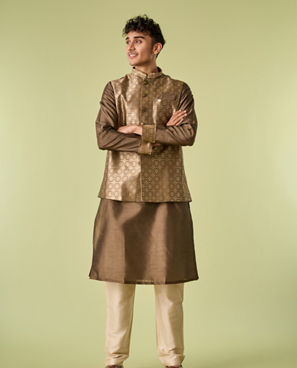Diwas Men Mehndi Green Jacket Set with Chowkadi Motifs