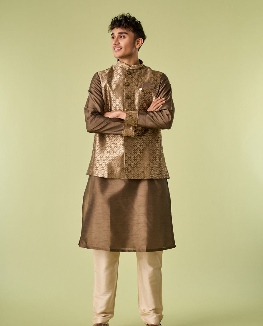 Diwas Men Mehndi Green Jacket Set with Chowkadi Motifs