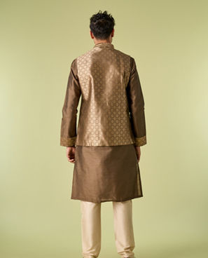Diwas Men Mehndi Green Jacket Set with Chowkadi Motifs