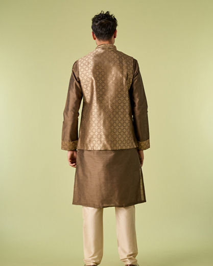 Diwas Men Mehndi Green Jacket Set with Chowkadi Motifs