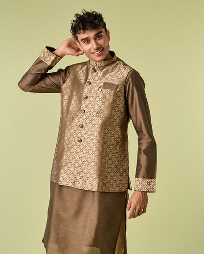 Diwas Men Mehndi Green Jacket Set with Chowkadi Motifs
