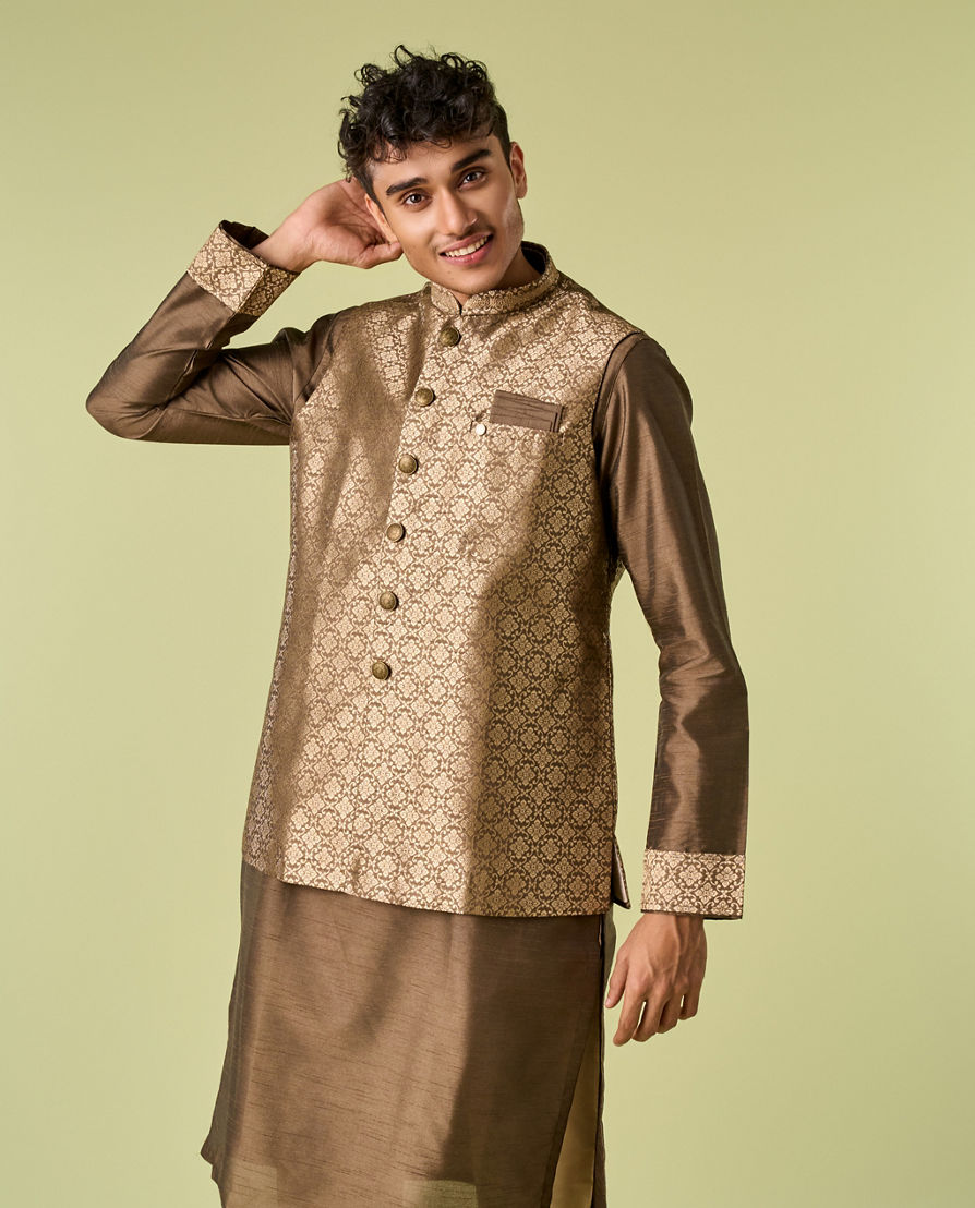 Diwas Men Mehndi Green Jacket Set with Chowkadi Motifs