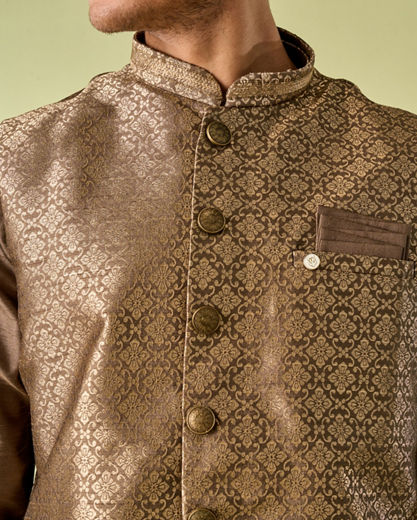 Diwas Men Mehndi Green Jacket Set with Chowkadi Motifs