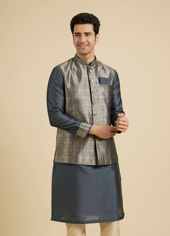 Manyavar Men Space Grey Medallion Patterned Jacket Set image number 0