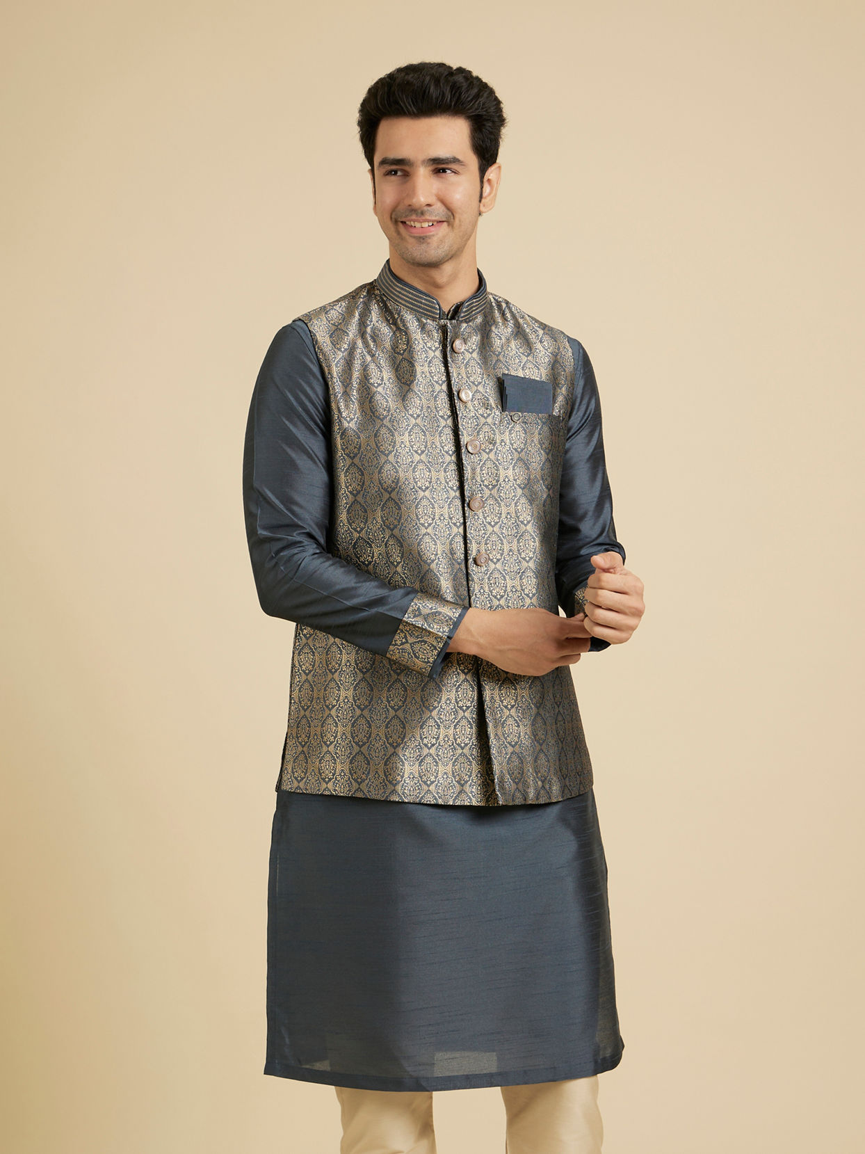 Manyavar Men Space Grey Medallion Patterned Jacket Set image number 0