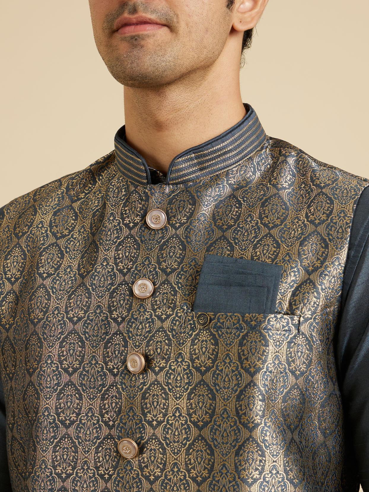 Manyavar Men Space Grey Medallion Patterned Jacket Set image number 1