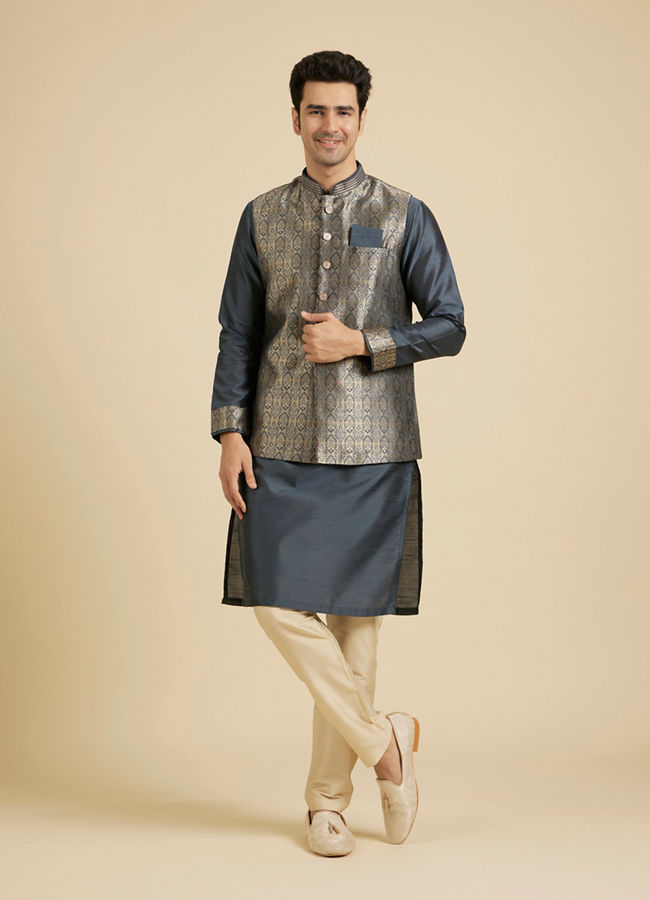 Manyavar Men Space Grey Medallion Patterned Jacket Set image number 2