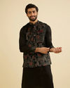 Midnight Black Paisley Patterned Jacket Set with Rhinestones