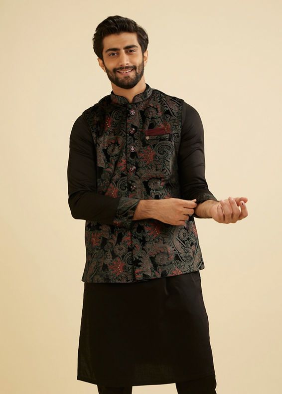 Manyavar Men Midnight Black Paisley Patterned Jacket Set with Rhinestones