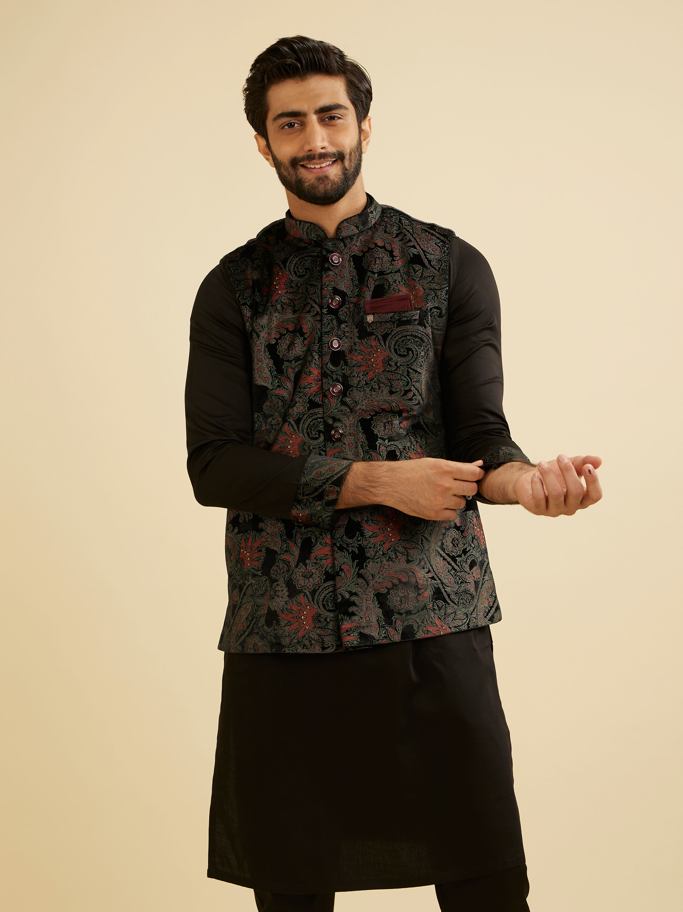 Manyavar Men Midnight Black Paisley Patterned Jacket Set with Rhinestones