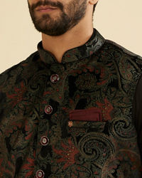 Manyavar Men Midnight Black Paisley Patterned Jacket Set with Rhinestones