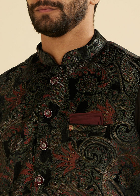 Manyavar Men Midnight Black Paisley Patterned Jacket Set with Rhinestones