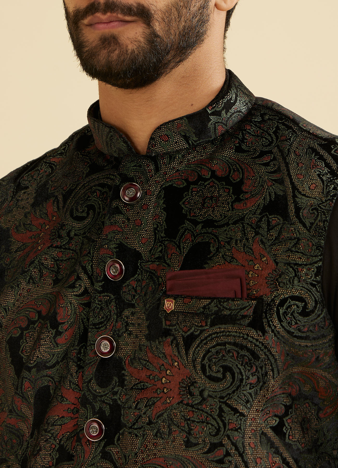 Manyavar Men Midnight Black Paisley Patterned Jacket Set with Rhinestones