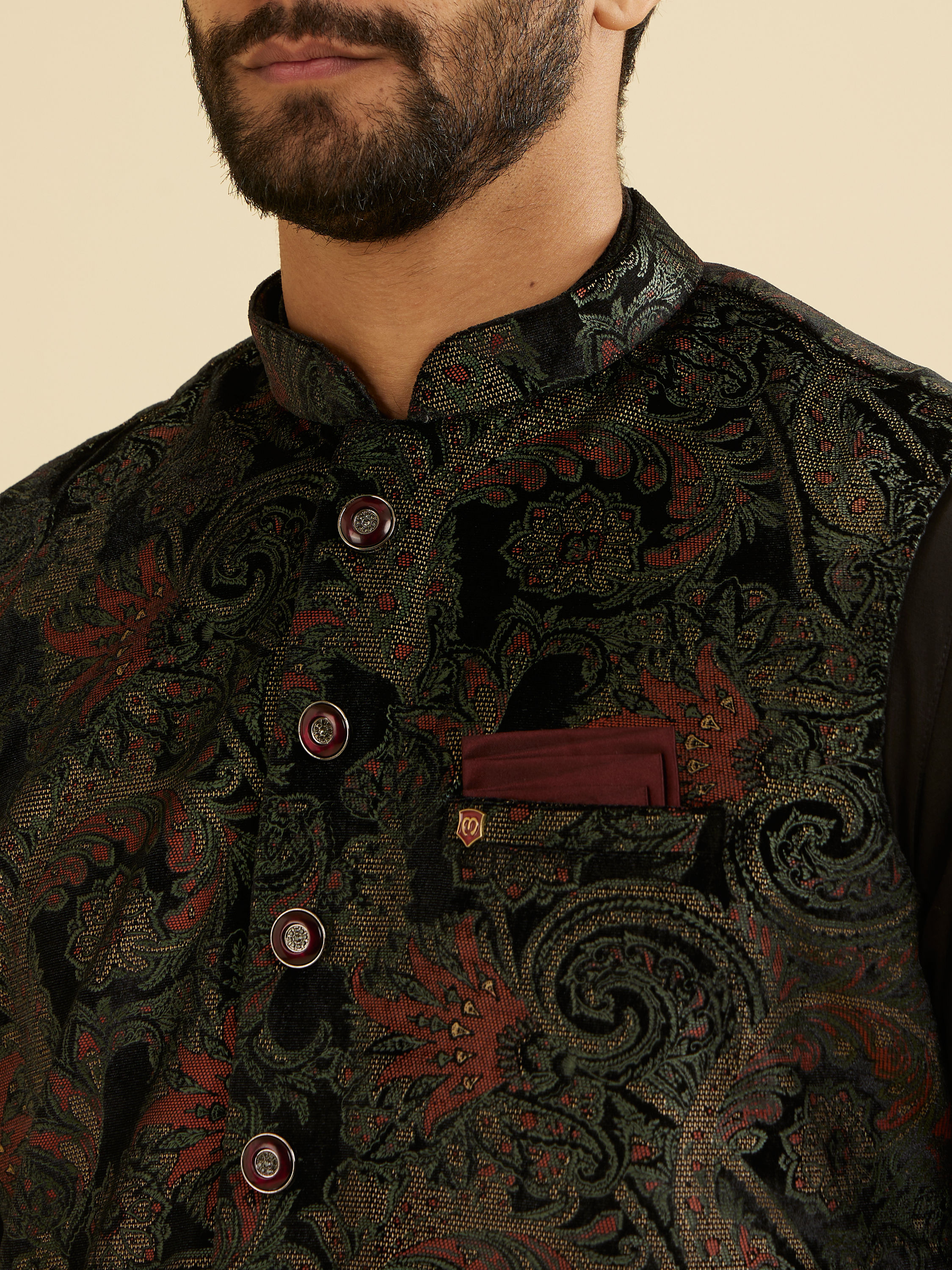 Manyavar Men Midnight Black Paisley Patterned Jacket Set with Rhinestones