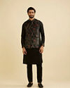 Manyavar Men Midnight Black Paisley Patterned Jacket Set with Rhinestones