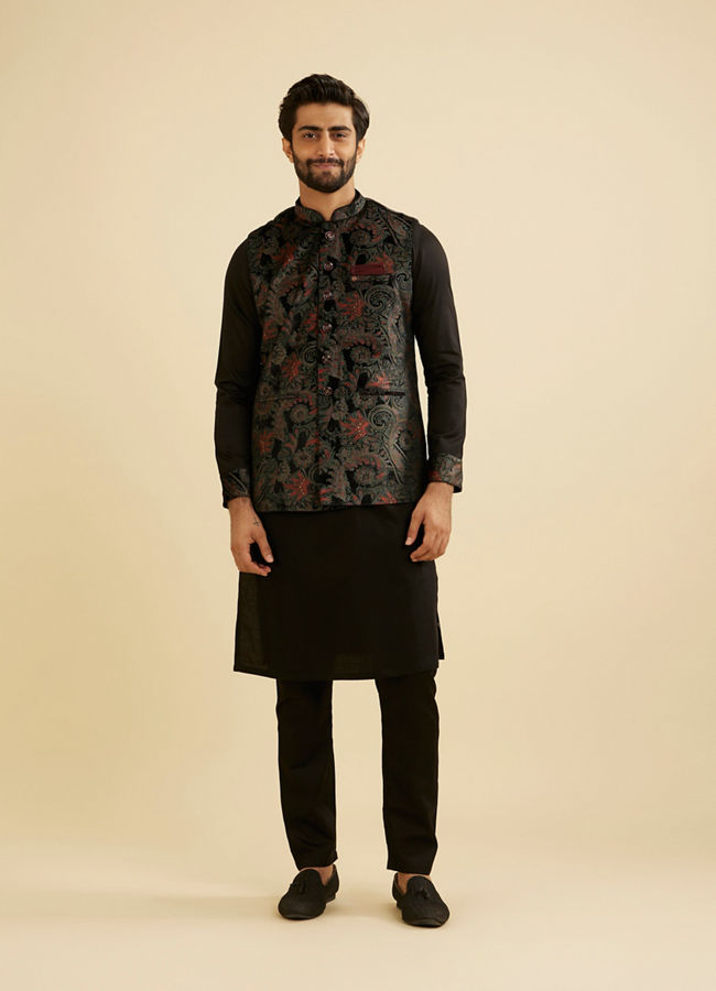 Manyavar Men Midnight Black Paisley Patterned Jacket Set with Rhinestones