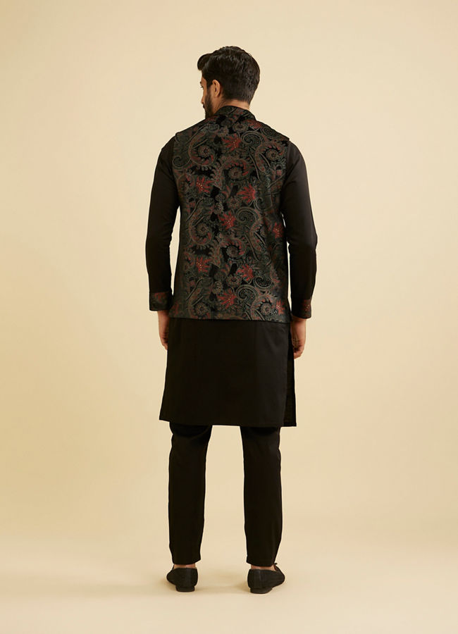 Manyavar Men Midnight Black Paisley Patterned Jacket Set with Rhinestones