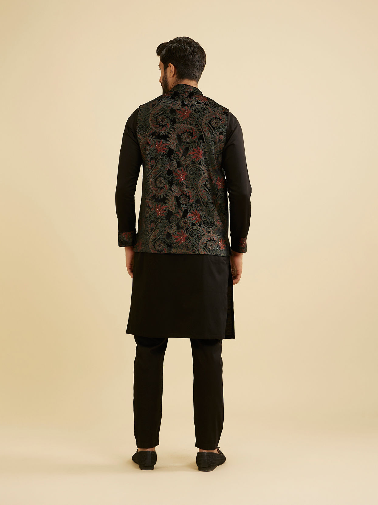 Manyavar Men Midnight Black Paisley Patterned Jacket Set with Rhinestones