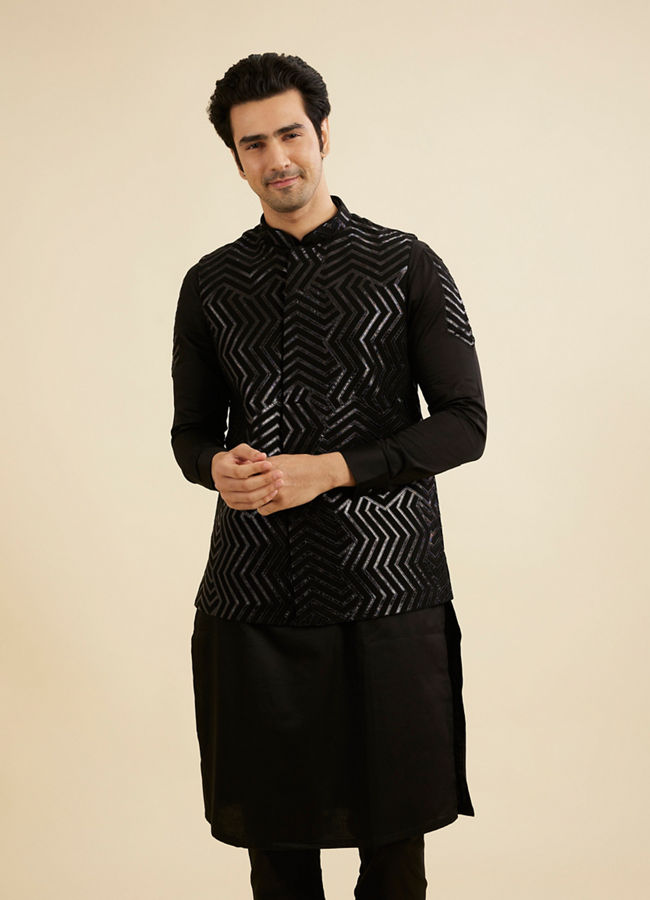 Manyavar Men Black Ensemble Kurta Jacket Set