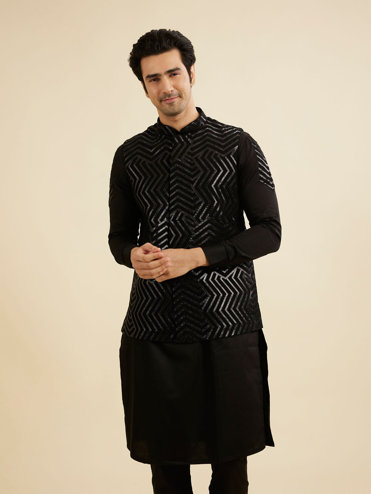 Manyavar Men Black Ensemble Kurta Jacket Set