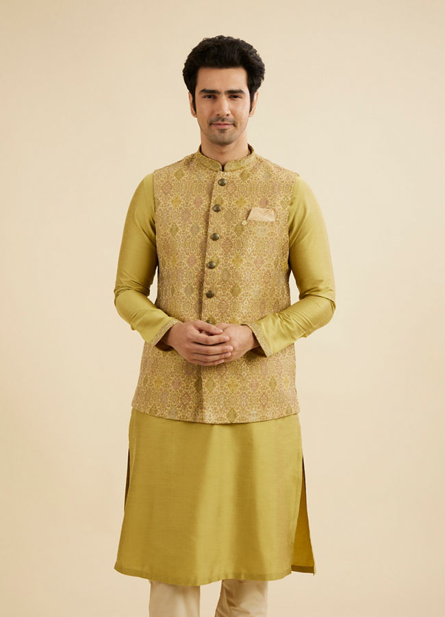 Manyavar Men Mehndi Green Jacket Set with Conch Shell Pattern