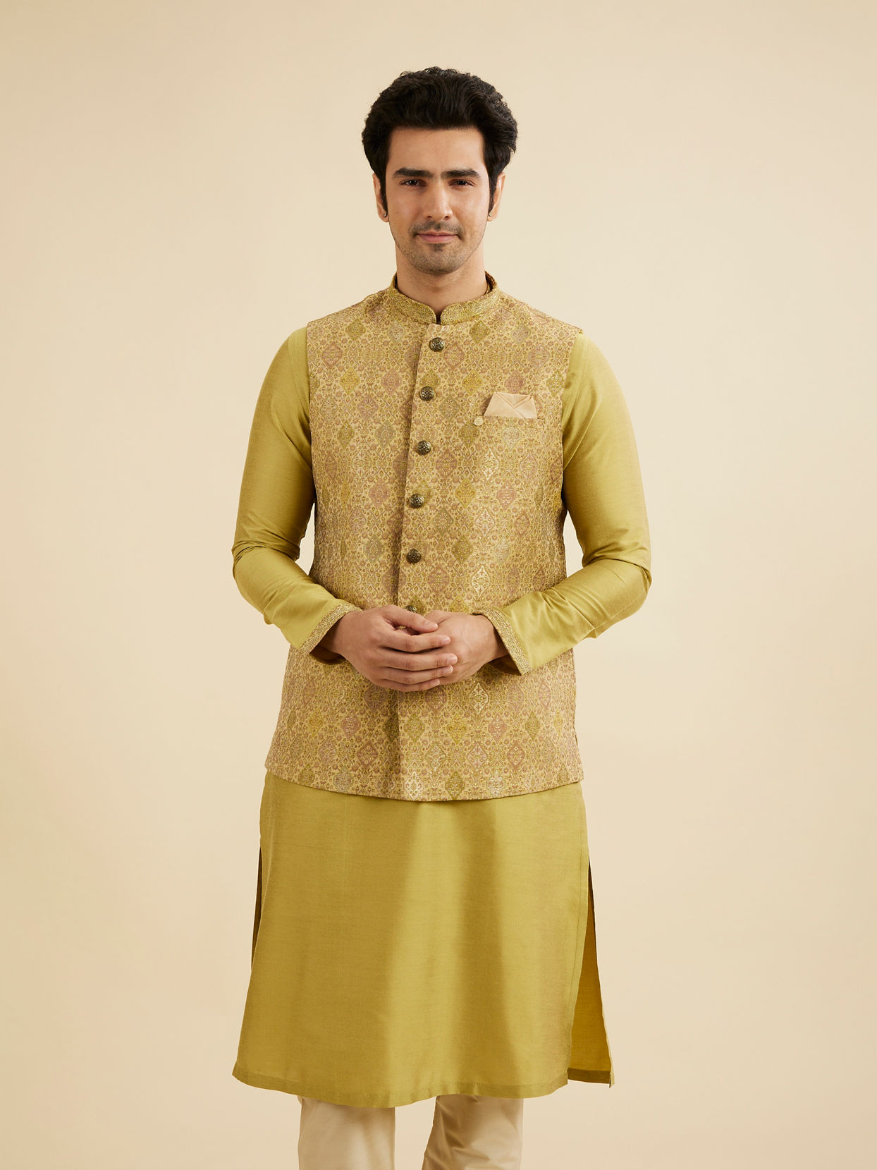 Manyavar Men Mehndi Green Jacket Set with Conch Shell Pattern