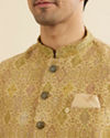 Manyavar Men Mehndi Green Jacket Set with Conch Shell Pattern