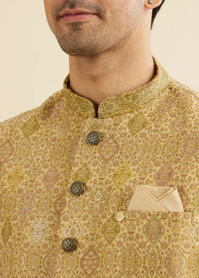 Manyavar Men Mehndi Green Jacket Set with Conch Shell Pattern