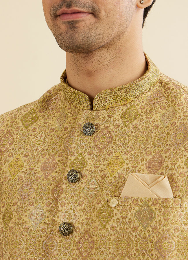 Manyavar Men Mehndi Green Jacket Set with Conch Shell Pattern