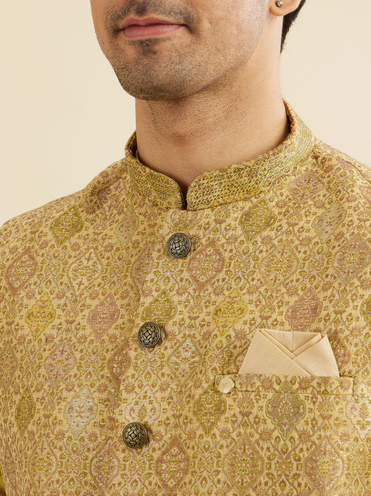 Manyavar Men Mehndi Green Jacket Set with Conch Shell Pattern