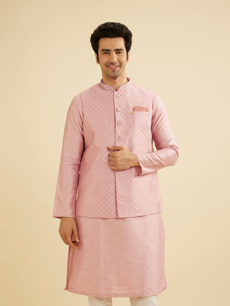Manyavar Men Chic Dusty Pink Kurta Jacket Set